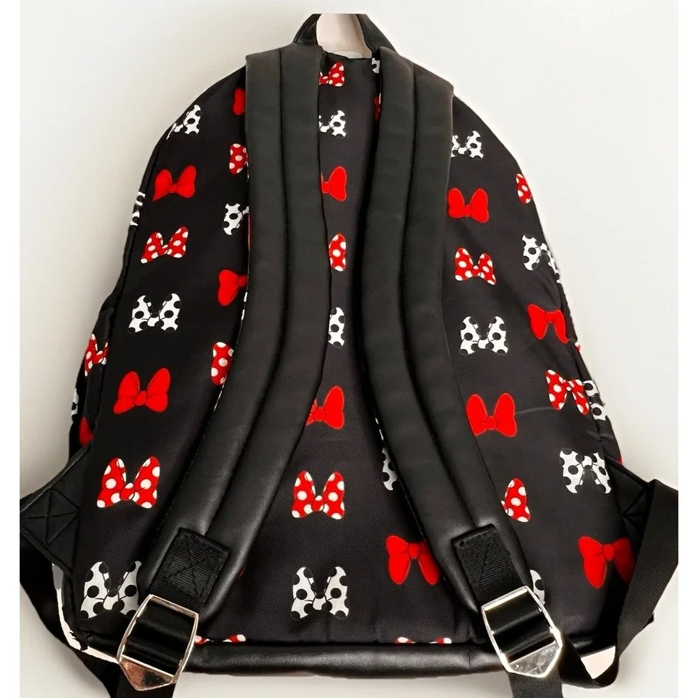 Disney Minnie Mouse Bow Print Backpack Black Red Polka Dot School Travel Bag EUC